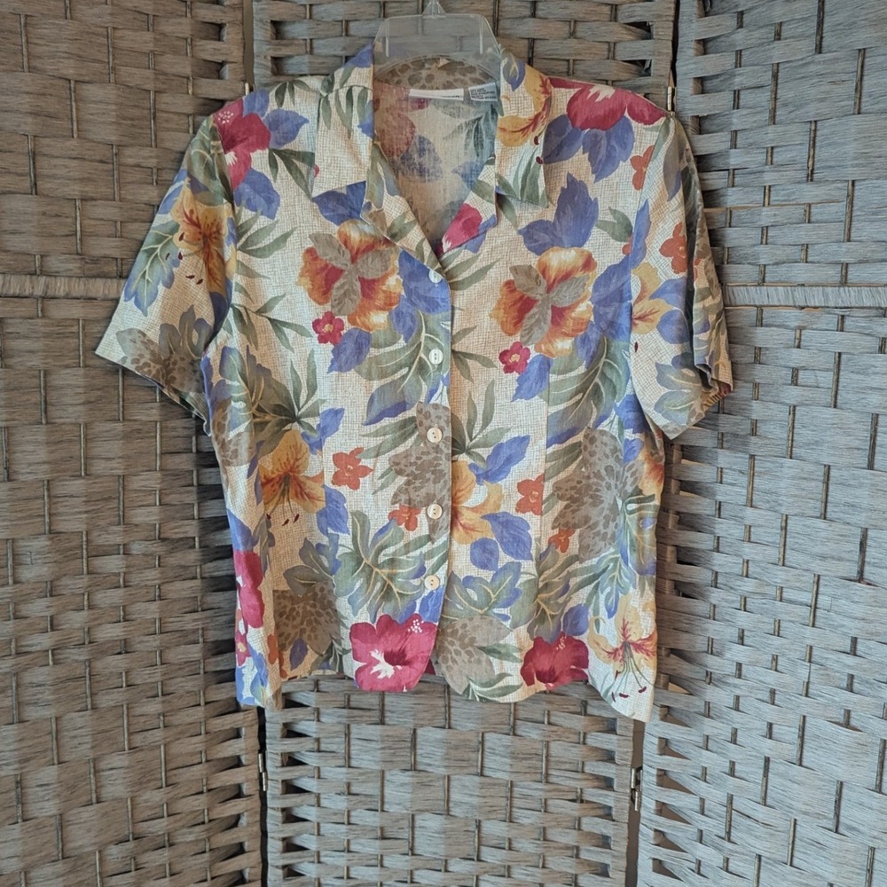 Vtg Short Sleeve Button Up Shirt Multicolor Tropical Floral Linen Blend 14P